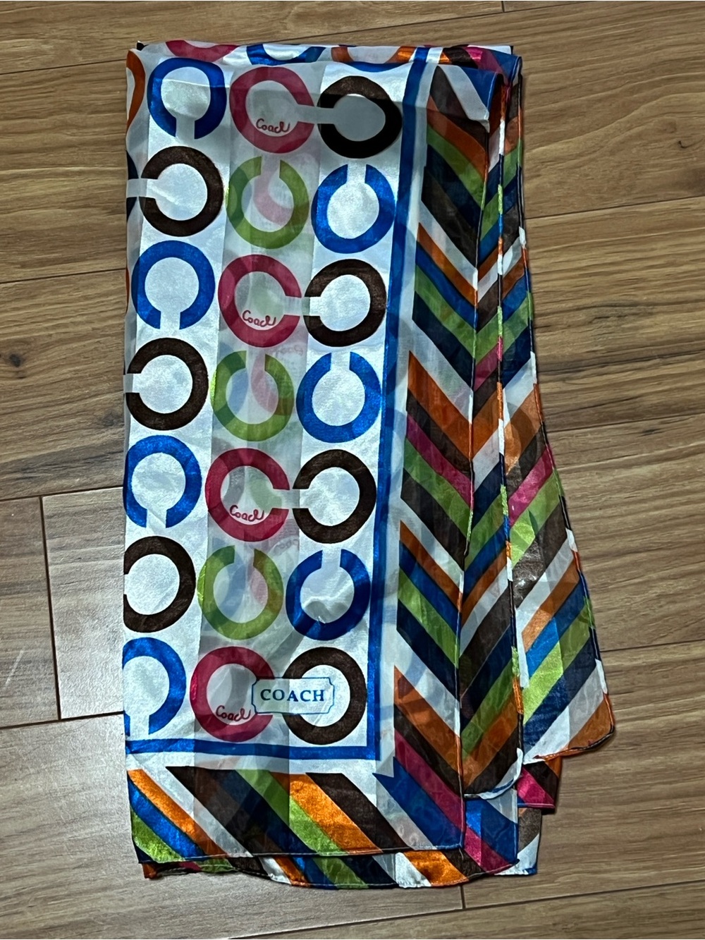 Coach Multicolor Signature 'C' Pattern Silk Scarf with Bright Stripes